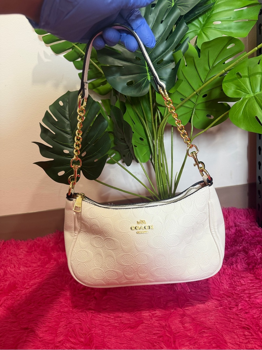 COACH White Embossed Leather Shoulder Bag with Gold Chain Accent